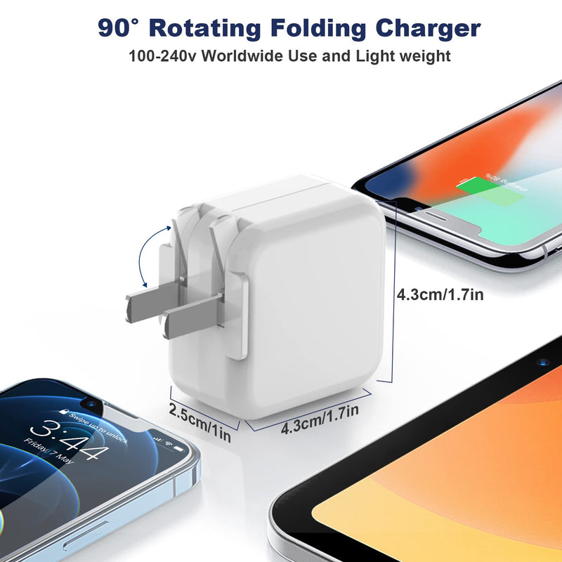 2Pack iPad Charger, 10FT Fast Charger iPad Cord with 12W USB Wall Charger Block Foldable Portable Apple Adapter Plug Lightning Cable Compatible with iPad4/5/6/7/8/9,iPadMini 1/2/3/4/5,iPadAir 1/2/3 2Pack 10FT 2