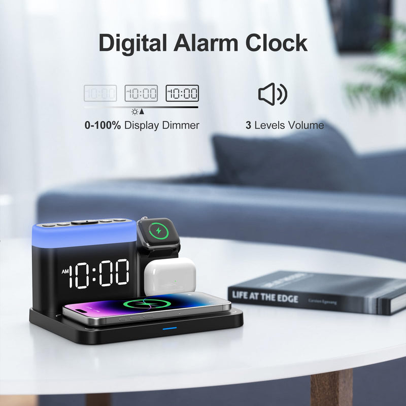 ANJANK Wireless Charging Station,5 in 1 Multiple Charger Stand with Alarm Clock,7 Night Light,Mag-Safe Charging Dock for iPhone 17 16 15 14 13 12 Pro Max Plus,Apple Watch 11/10/9/8,for Airpods,Bedroom Black