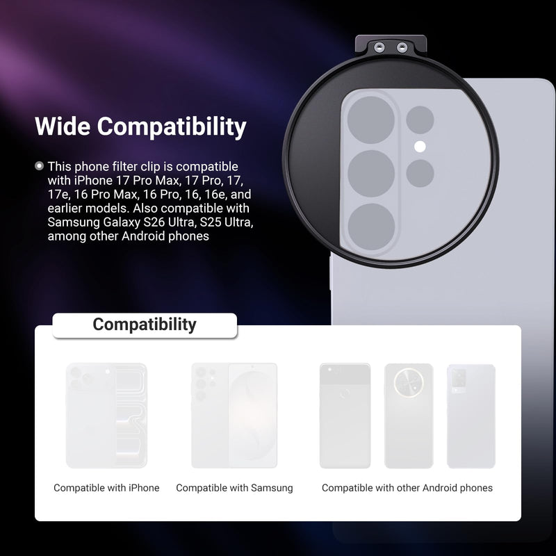 NEEWER 67mm Phone Filter Clip, Cold Shoe Mount Lens Filter Clamp Mobile Photography Accessories, Compatible with iPhone 17 Pro Max 16 Pro Max Air 17e 16e Android Samsung S26 Ultra, LA009