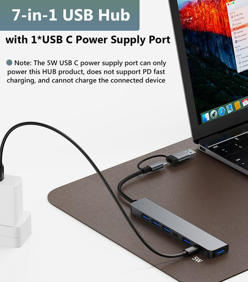 【Upgrade】 USB C & USB Hub with USB 3.0, USB 3.0 Hub for Laptop, 7 in 1 USB 3.0 Hub with USB C Data Port Compatible with MacBook Pro, iPhone 15, iPad Air, Dell XPS, HP, ect