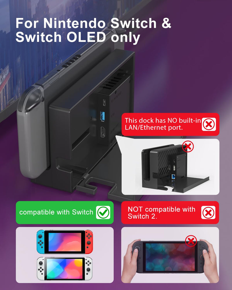 Dock Station for Nintendo Switch/Switch OLED, Replacement 3-in-1 TV Dock Set with Original IC Module, AC Charger & High-Speed HDMI Cable for 1080P HD Output（Not Compatible with Sw 2）