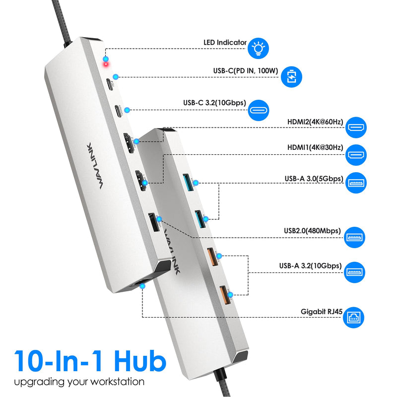 Laptop Docking Station, WAVLINK 10Gbps Docking Station with Dual HDMI, 100W PD in, 10Gbps USB-A/C 3.2, 5Gbps USB-A, USB2.0, Gigabit Ethernet for Dell/HP/Lenovo etc, Windows Systerm Computer Only sliver