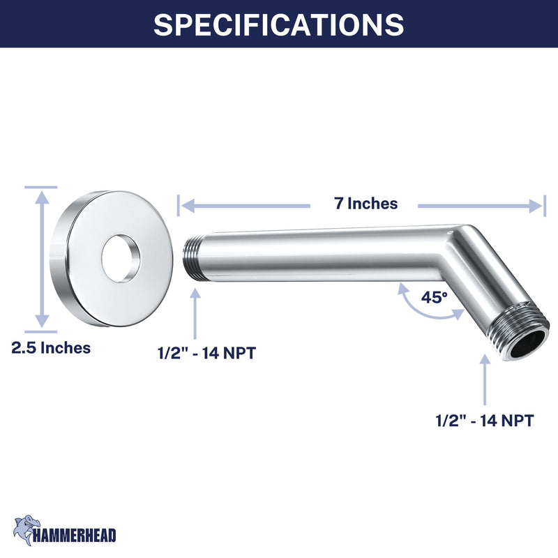 HammerHead® Solid Metal Shower Arm and Flange - 7.5 Inch 304 Stainless Steel Extension Pipe - Universal Shower Head Arm with Flange and Locking Screw, Chrome