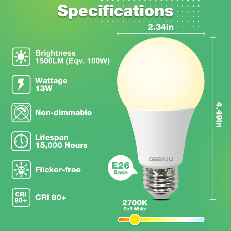 DEGNJU LED Light Bulbs Soft White 2700K, 100 Watt Equivalent LED Bulbs, A19 Standard Bulbs, 1500 LM, 15000 Hours, E26 Base, Non-Dimmable, 13W Warm White for Bedroom Living Room, 24 Pack Soft White 100w