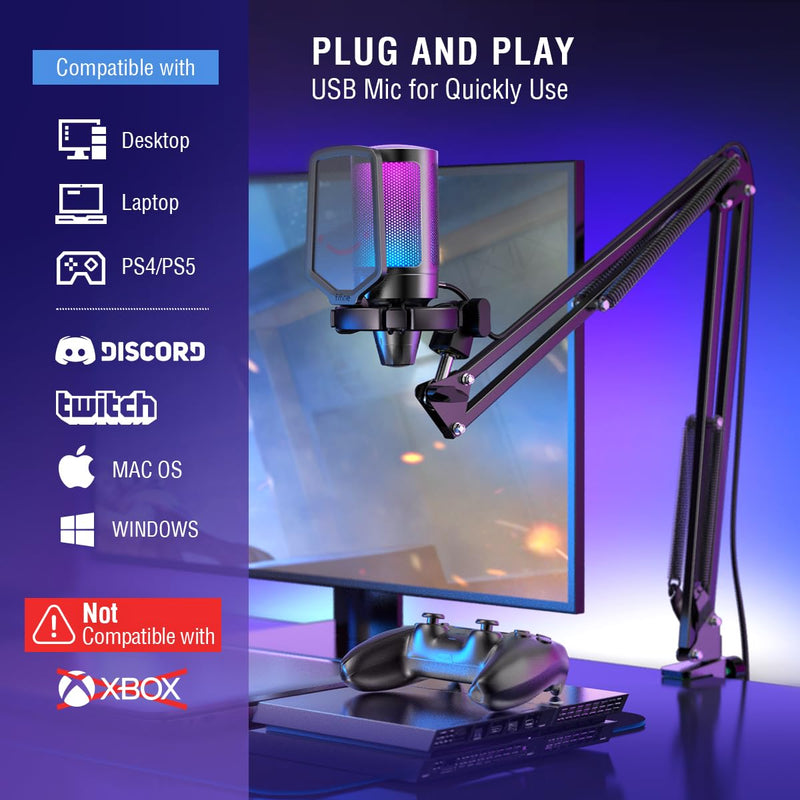 FIFINE Gaming PC USB Microphone, Podcast Condenser Mic with Boom Arm, Pop Filter, Mute Button for Streaming, Twitch, Online Chat, RGB Computer Mic for PS4/5 PC Gamer Youtuber-AmpliGame A6T Black
