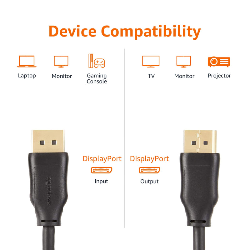 Amazon Basics 10-Pack DisplayPort 1.2 Cable, 4K@60Hz, 2K@165Hz, 21.6Gbps High-Speed, Gold-Plated Plugs, 6 Foot, Black 6 Feet