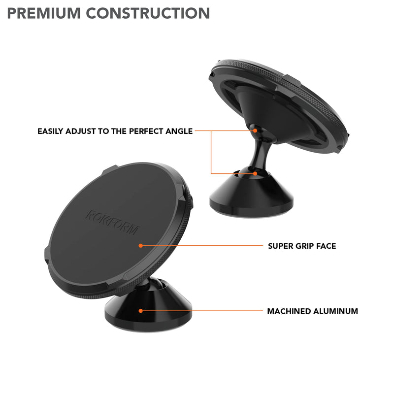 Rokform Dual Magnet Swivel Dash Mount, Adjustable & Aluminum (Black) | Compatible with Mag Safe Cases, Sticks to Smooth Flat Surfaces