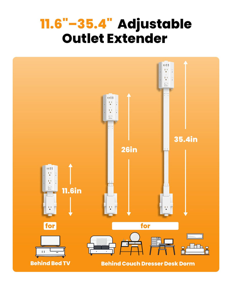 Flat Outlet Extender Stick,6 Widely Outlets,20W USBC,Extendable 11.6"-35.4" | Adjustable Wall Outlet for Behind Couch Bed TV Dresser Desk Dorm,3 Side Plug Outlet&Phone Ledge,Sag-Free 4 Way Fixed