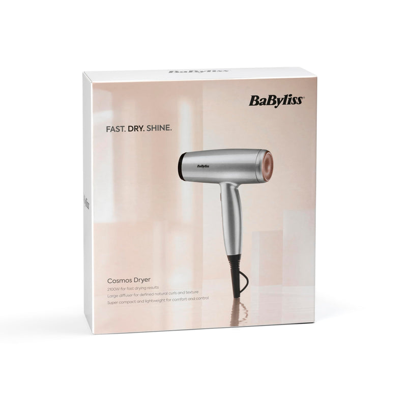 BaByliss Cosmos Compact Lightweight Hair Dryer - 2100W Powerful Sleek Blow Dryer, Diffuser, Ionic Frizz-Free Conditioning, 3 Heat & 2 Speed Settings, Silver, D580DU
