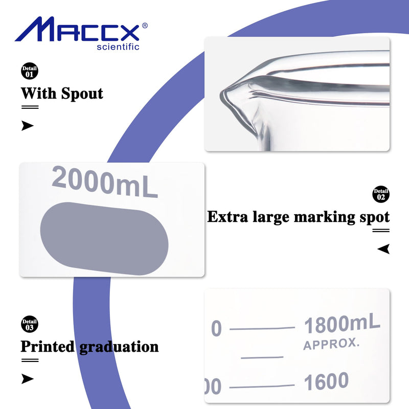 67.6oz(2000ml) Sturdy Glass Beaker, Heavy-Duty 2L Lab Beakers,3.3 Borosilicate Griffin Low Form with Printed Graduation, BKL2K0-001 Vol.2000ml