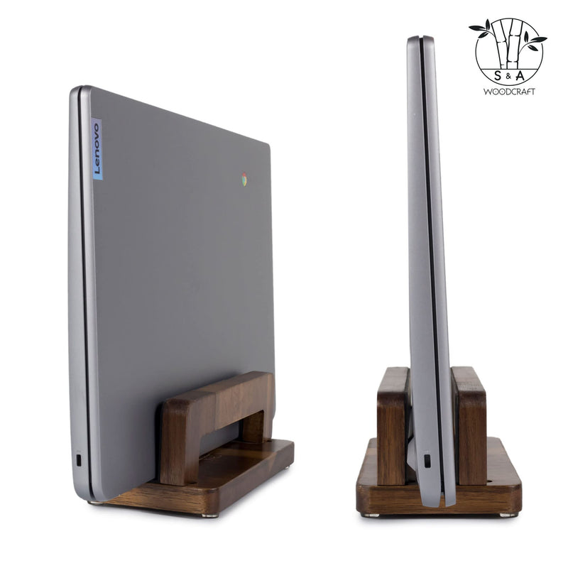 S&A WOODCRAFT Brown Acacia Wood Vertical Laptop Stand, Adjustable Wooden Laptop Holder, Non-Slip Laptop Dock Compatible with Apple MacBook, Microsoft Surface, Gaming Laptops, IPad, Tablets 1 Slot