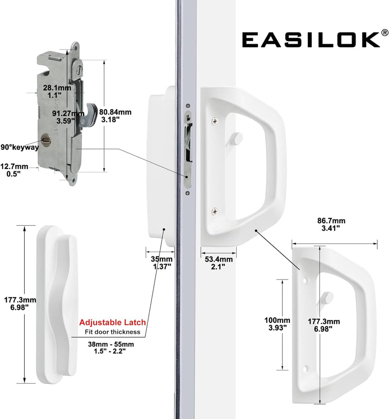 Sliding Glass Door Handle Set and Mortise Lock Silding Door Lock ,Thickness from 1-1/2 inches to 2-4/25 inches,3-15/16” inch Screw Hole Spacing, Reversible Design(Non-Handed)(White, NO-Keyed) White