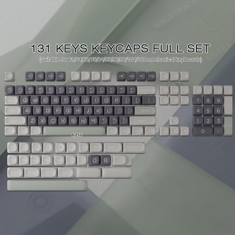 PBT Double Shot Keycaps 131 Keys MOA Profile Keycaps | Minimalist Retro White Grey Green Dye Sub Custom Classic Key Caps for Cherry Gateron MX Switches Mechanical Keyboards