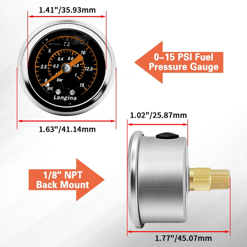 1/8" NPT Fuel Pressure Gauge Kit, 0-15psi Fuel Gauge, 1/8" Back Mount, Glycerin Filled Pressure Gauge with 2-Way Barbed Hose Fitting, Dual Use 5/16"(8mm) to 3/8"(10mm) Barb Fitting(304SS)