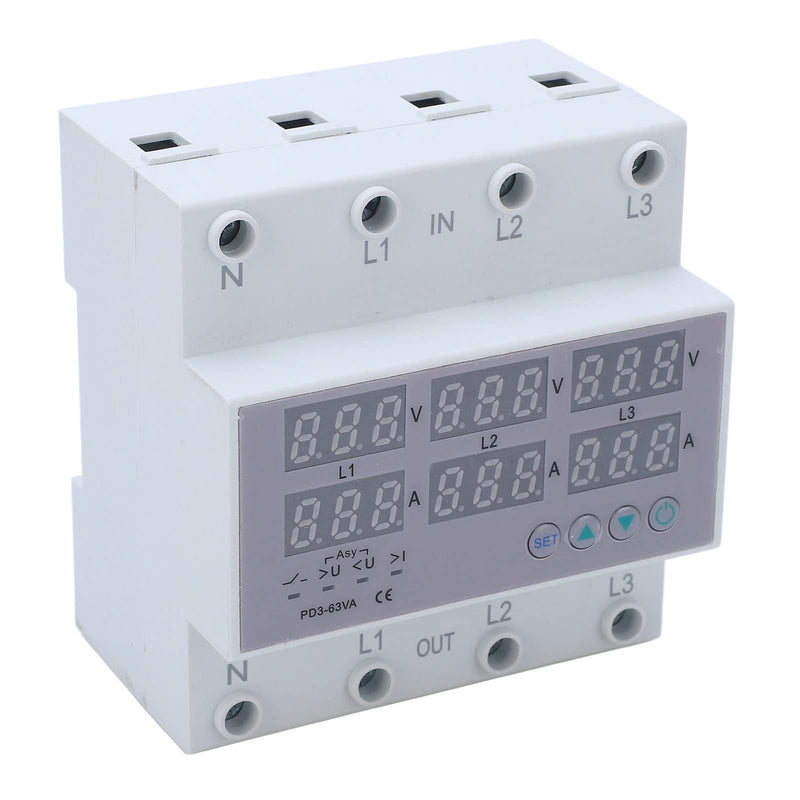 Digital 3 Phase DIN Rail Voltmeter Ammeter, AC230-300V Electricity Usage Monitor, Watt Kwh Frequency Power Factor Meter Multimeter Current Power Tester (63A)