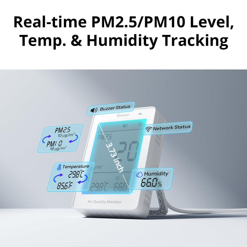 SONOFF SAWF-07P Smart Indoor Air Quality Monitor with PM2.5, PM10, Temperature & Humidity Sensor, Real-Time Display, Notification, Matter-Compatible, 2.4GHz WiFi, 3.73-inch Screen, for Bedroom, Nusery