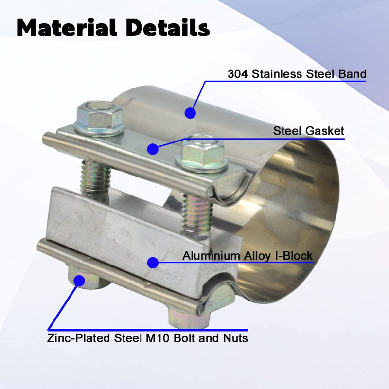 ID 2-1/2 Inch Lap Joint Butt Exhaust Clamp, Stainless 63mm Exhaust Coupler Clamp fit for OD 2.5 inch Pipes