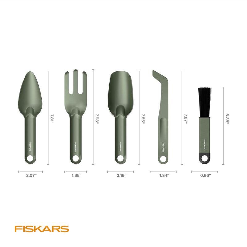Fiskars 5-Piece Plant Cultivating Tool Set, Nesting Trowel, Soil Scoop, Cultivator, Tongs & Brush for Indoor Gardening, Stainless Steel w/Green Powder Coat Finish, Space Saving Design for Houseplants 5-Piece Set