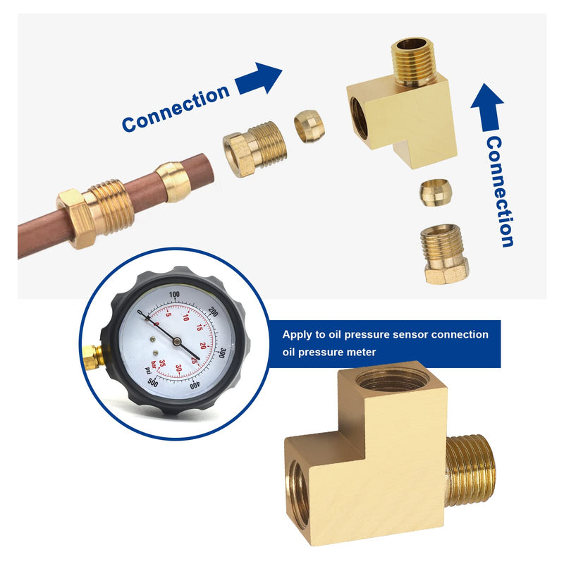 ECSiNG Angle Adapter M10x1 T-Distributor Oil Pressure Sensor Tee Connecter Oil Pressure Gauge Adapter M10x1 Male to 2 M10x1 Female Adapter Brass 1