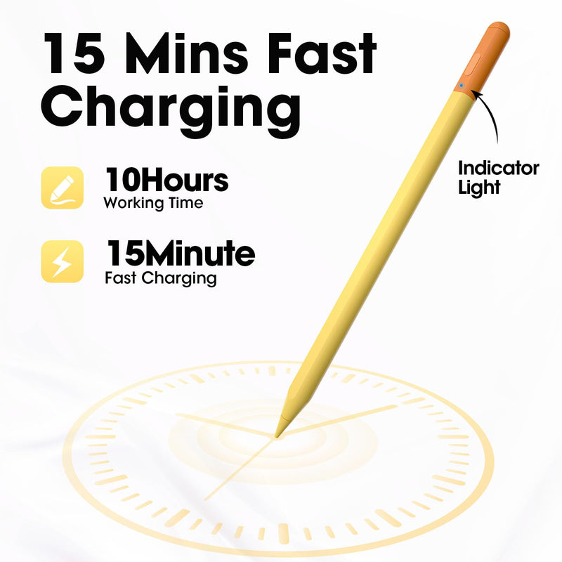 Stylus Pen for iPad 2018-2026, 15-Min Fast Charging with LED Battery Indicator, Palm Rejection, Tilt Sensitivity, Magnetic Pencil for iPad 6th-11th Gen, Air M4/M3/M2, Pro M5/M4, Mini 7/6/5, Yellow