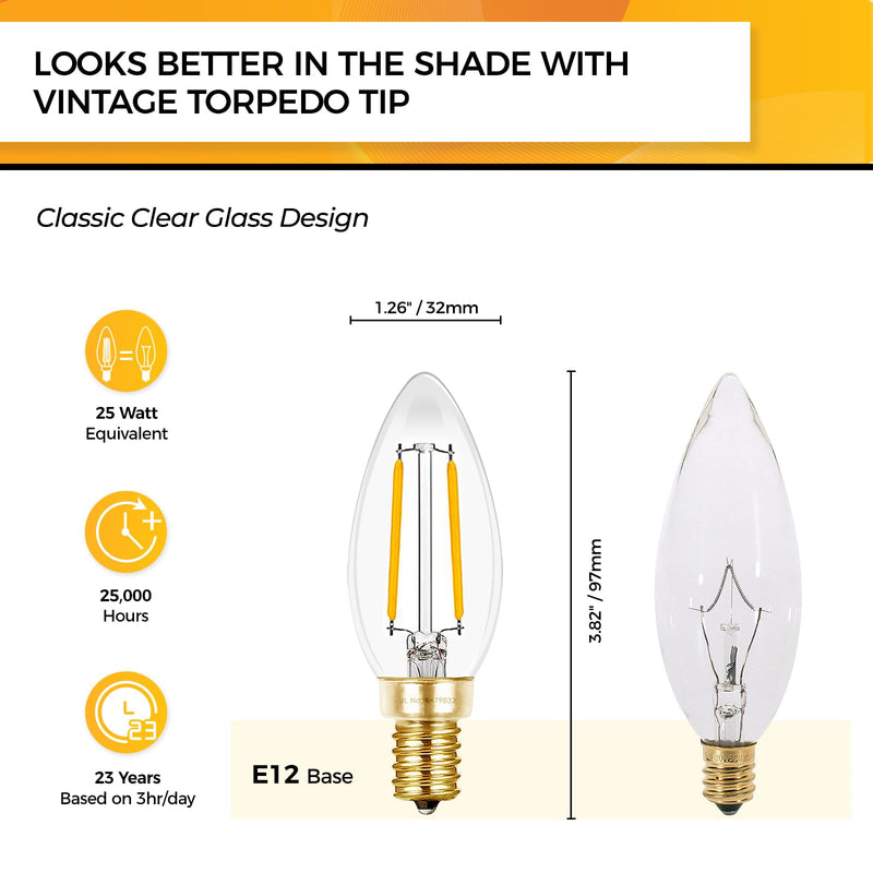 Hizashi Candelabra LED Light Bulbs 25 Watt, Dimmable Chandelier Light Bulbs, 90+ CRI, 200LM, Soft Warm White 2700K, E12 LED Bulb, B10 Candle Bulbs, UL Listed, 12 Pack B10 12 Pack