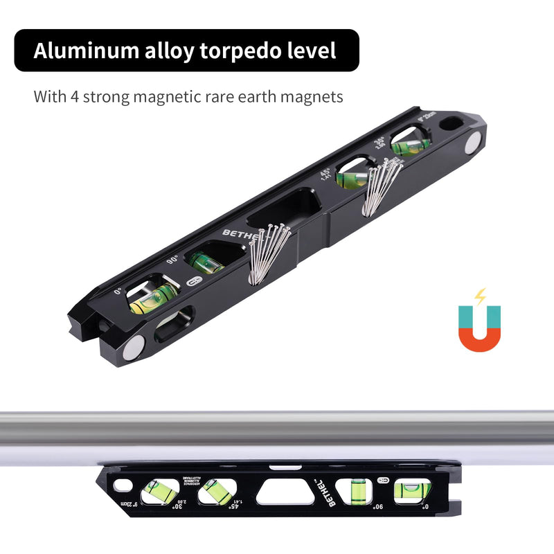 BETHEL 9 Inch Magnetic Torpedo Level with 4 Bubble Vials, V-Groove & Magnetic Rails, Black Aluminum Alloy Construction Black 9in