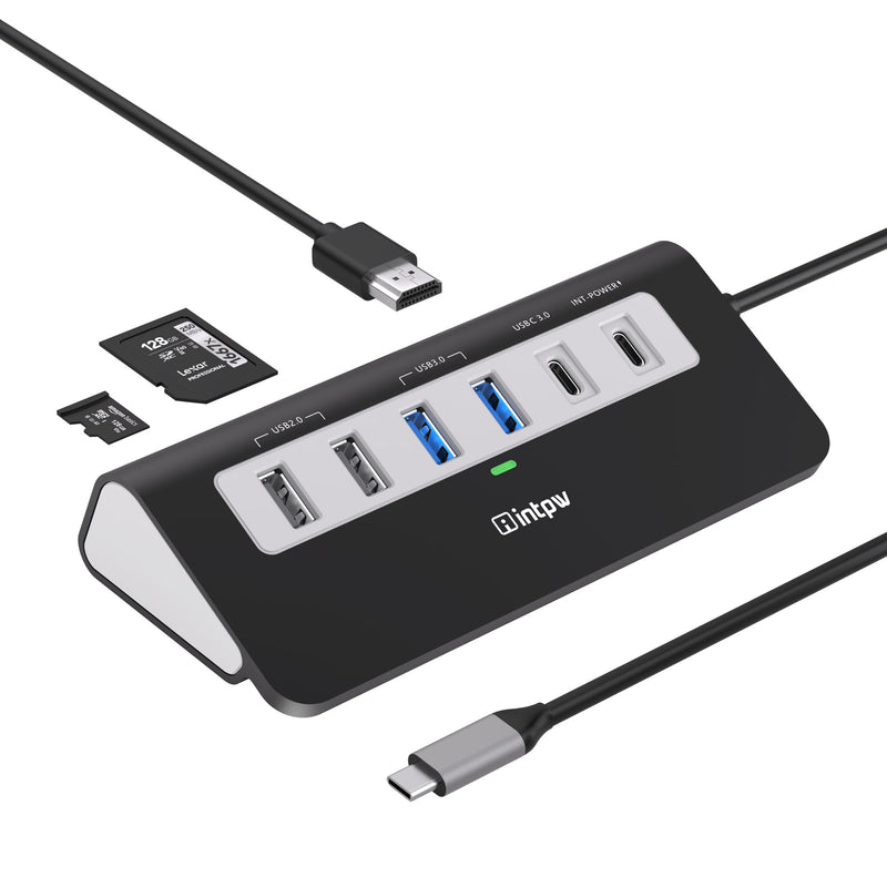 USB C Hub, 9-in-1 USB C Hub Multiport Adapter with 4K HDMI, PD 100W, USB-C and 2 USB A 3.0 5Gbps, 2 USB A 2.0, SD/TF Slot, Black USB Hub for Laptop for MacBook Air/Pro iPad Type C Tablet 1.64ft