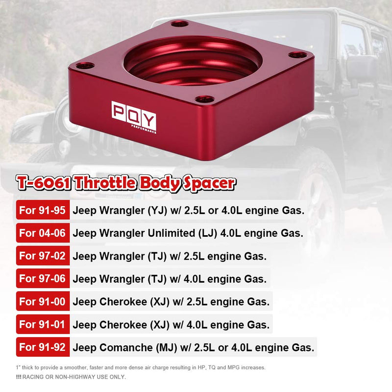 Throttle Body Spacer Compatible with 91-06 Jeep Wrangler TJ YJ LJ Cherokee XJ 2.5L/4.0L Engine Gas MJ w/Gasket 1" Raise Manifold Carb Red