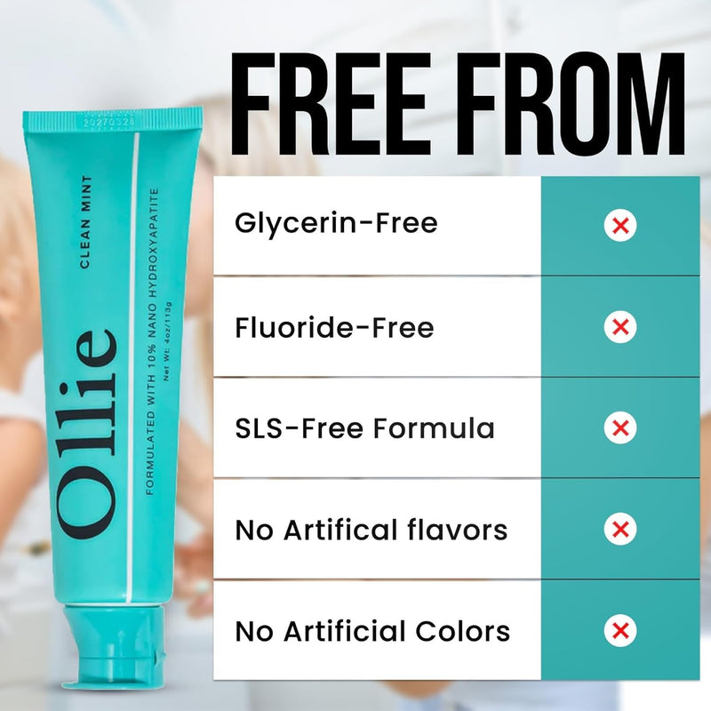 Ollie Clean Mint Nano Hydroxyapatite Toothpaste for Teeth Whitening, 10% Hydroxyapatite Formula, (Pack of 3, 4oz) 4 Ounce (Pack of 3)