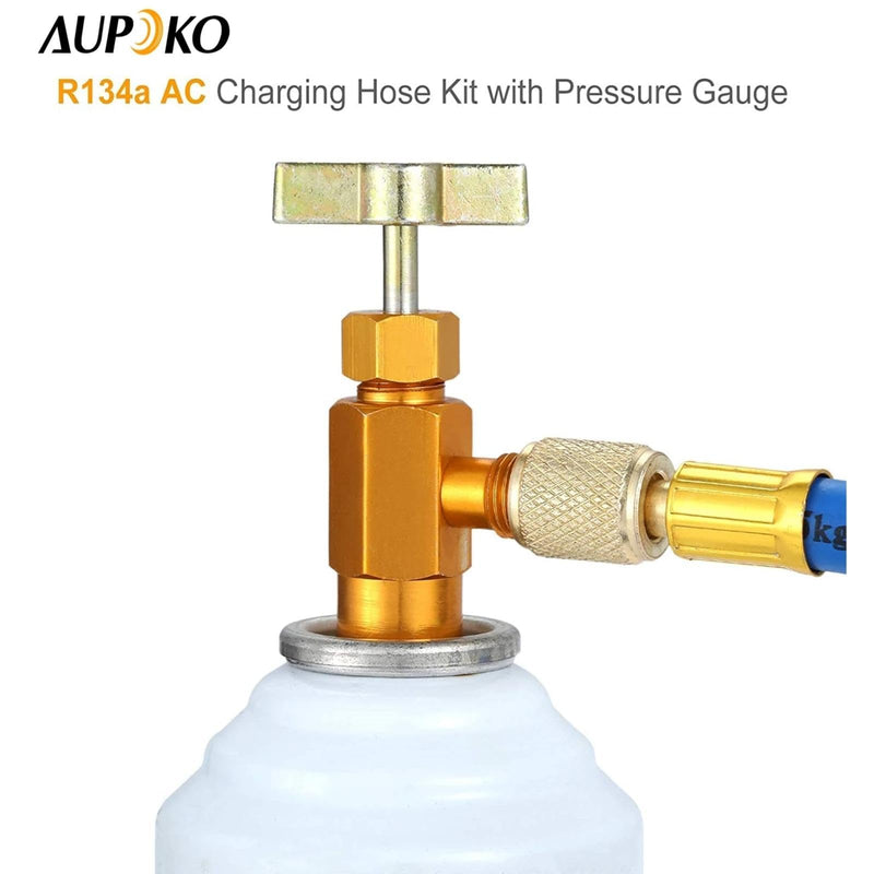 R134A AC Refrigerant Charge Hose Kit, 1/2’’ Self-Sealing Valve Can, and Recharge Hose with Pressure Gauge, Fits for Car AC Air Conditioning Refrigerant