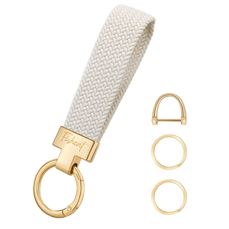 Fishent Stretchy Car Keychain, Nylon Braided Cool Key Chain for Women Men, Universal Key Fob Holder with 3 Keyrings, Anti-Lost D-Ring, Car Accessories, Starlight