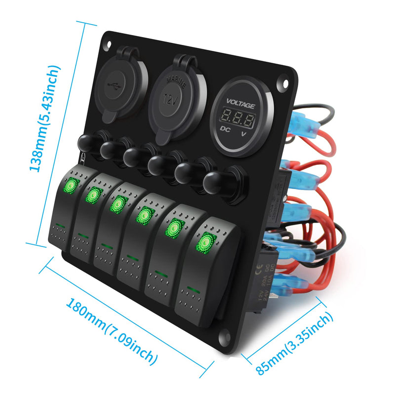 FXC Waterproof Marine Boat Rocker Switch Panel 6 Gang with QC3.0 USB & Type-C Slot Socket + Cigarette Lighter +LED Voltmeter with Overload Protection for Car Rv Vehicles Truck (6 Gang Green LED)