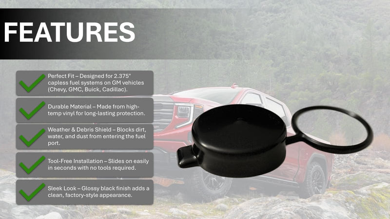 Cap & Shield Tethered 2.375inch ID, Capless Gas Cap Dirt, Water & Dust Cover and Fuel Funnel Bundle Compatible With GMC, Chevrolet, Buick & Cadillac 1 Black Tethered Cover