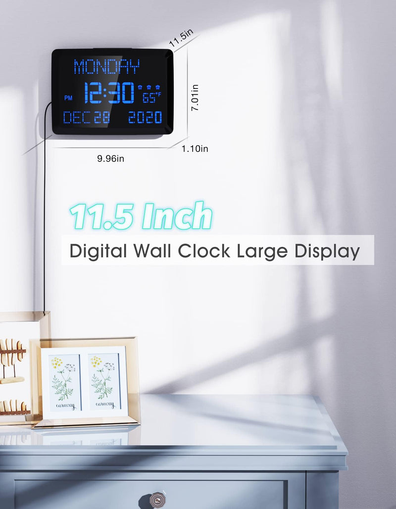 11.5" Large Display Digital Calendar Clock for Seniors, Digital Clock with Date and Day of Week for Elderly, 3 Alarms, 5 Dimmer, Temperature, Alarm Clock for Bedroom Living Room Blue Font