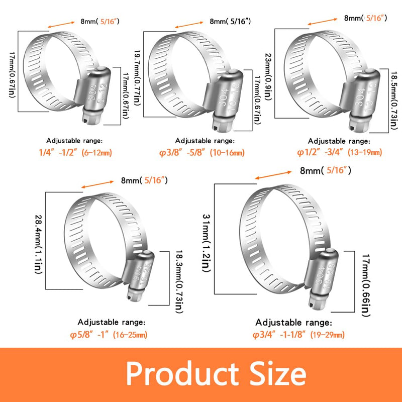 Dianrui 42 PCS Hose Clamps Assortment Kit 1/4"–1-1/8" (6-29mm) Hose Clamps Stainless Steel 304 Worm Gear Fuel Line Hose Clamp for pipe, Fuel Line, Plumbing, Intercooler, Tube, Automotive and Marine 1/4"–1-1/8"42PCS Kit