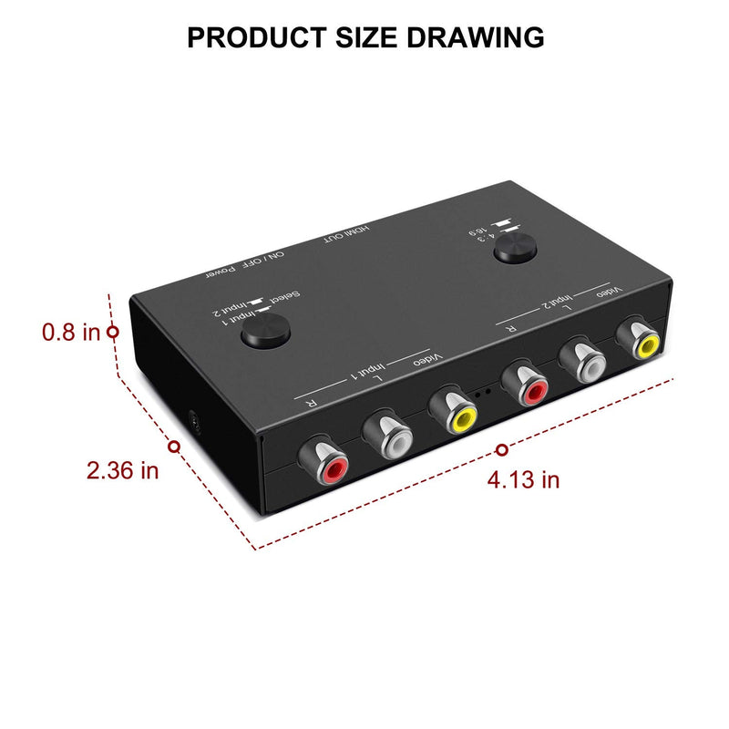 2 RCA to HDMI, 1080P 2 Way RCA Composite CVBS AV Switch to HDMI Video Audio Converter Adapter Supporting 4:3/16:9, for PC Laptop Xbox PS2 PS3 N64 NGC SNES WII VHS VCR Camera DVD 2 Way RCA Converter