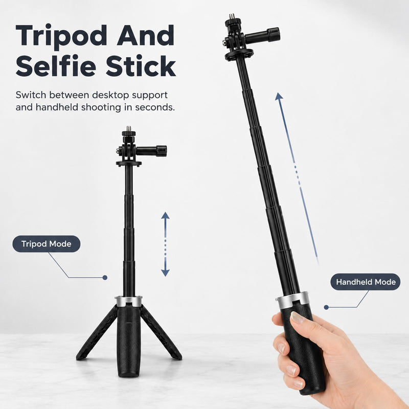 Extenable Small Camera Tripod, Portable Selfie Stick Vlog Handle Grip, Desktop Webcam Tripod with 1/4" Screw for DJI Osmo Action 4/5Pro, Lightweight Travel Tripod