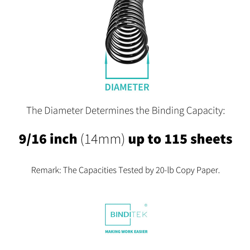 Binditek 100 Pack Plastic Spiral Binding Coils, 14mm(9/16"), 115 Sheet Capacity, 4:1 Pitch, Black, 48 Loops, for Students and Coworkers 100P , Black