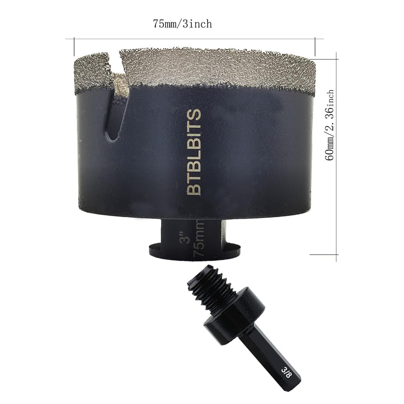 Diamond Core Drill Bit, 3" Tile Hole Saw for Granite Marble Ceramic Glass Porcelain Masonry 75mm with 5/8-11 Thread and 3/8” Hex Shank Adapter for Angle Grinder Drill 3" (75mm)