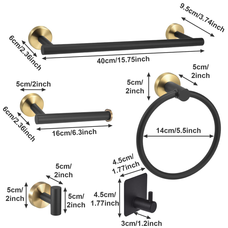 7 Pcs Bathroom Hardware Accessory Set, Stainless Steel Towel Racks for Bathroom, Black and Gold Bathroom Accessories，Modern Luxury Bathroom Towel Holder & Toilet Paper Holder 15.75"