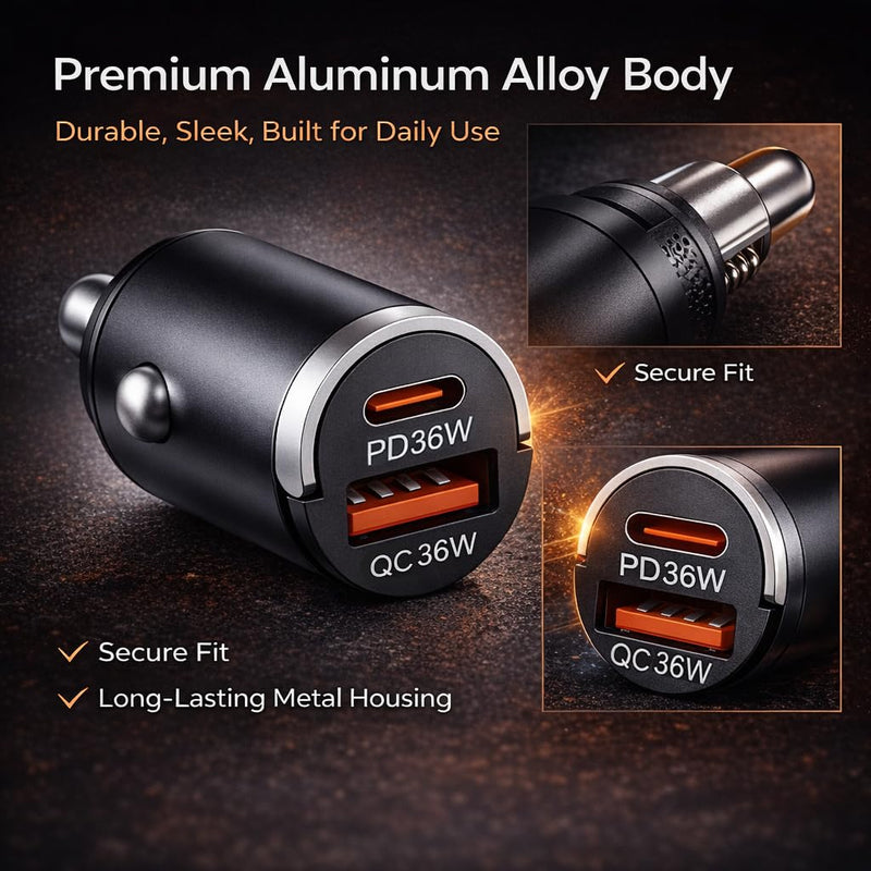 USB C Car Charger Fast Charging, 36W Dual Port Car Charger Adapter, PD 36W USB C & QC USB A, Mini Aluminum Car Charger for iPhone 17/16/15, Samsung, Huawei, iPad, AirPods
