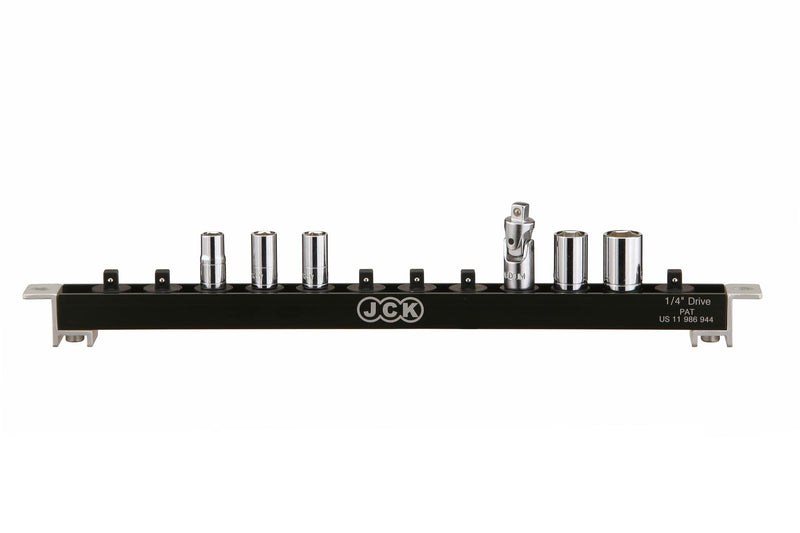 JCK 1/4" Aluminum Socket Holder Tray, 360° Swivel Tool Organizer Rail Kit for Tool Box, Wall Hanging, Premium Quality and Lightweight, 12 Clips, Brass Screw Series 1/4" Drive Socket Holder