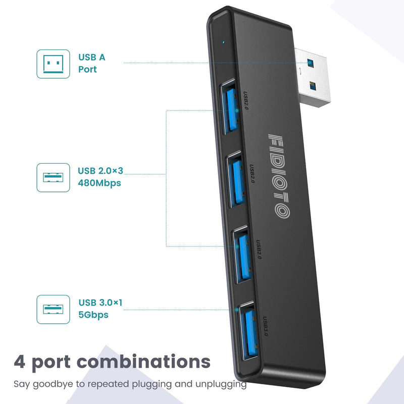 USB Hub 2Pack, Fidioto 4 Port USB Hub(1 * 3.0 Hub, 3 * 2.0 Hub), Networking Hubs for Laptop, iMac Pro, MacBook Air, Mac mini/Pro, Surface Pro, Notebook PC, USB Flash Drives and Mobile HDD Etc. 4in1- 2pcs Left-Black