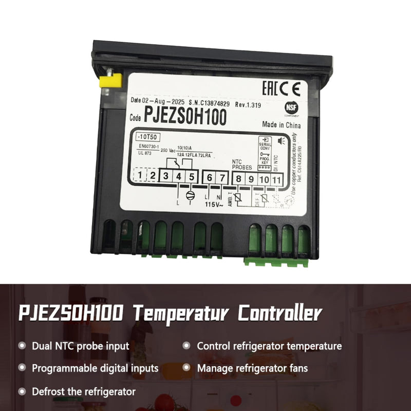Temperature Controller PJEZS0H100 Compatible with Carel and All Refrigerator Types, 115V Digital Thermostat with Temperature Sensor Probe, Mounting Hardware and Instructions