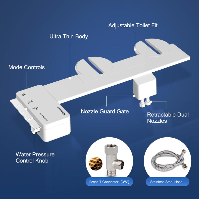 Hibbent Ultra-Slim Bidet Attachment for Toilet, Non-Electric Self Cleaning Bidet Toilet Seat, Adjustable Fresh Cold Water Pressure Bidet Sprayer, Retractable Dual Nozzles for Rear & Feminine Wash Chrome 1