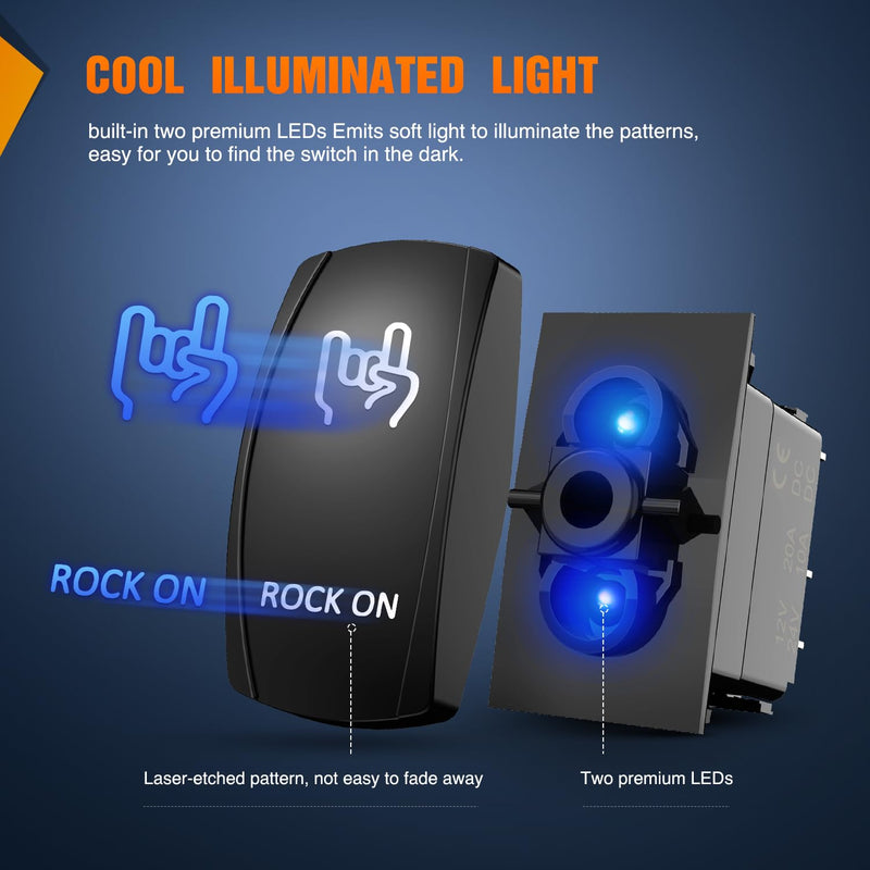 Nilight Rock On Rocker Switch Led Light Bar 5 Pin Laser ON/Off SPST switches 20A/12V 10A/24V Blue with Jumper Wires Set for Cars Trucks Boats ATVs UTVs RVs