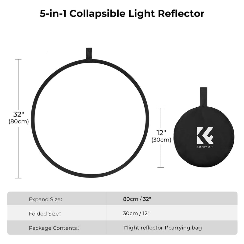 K&F CONCEPT 5-in-1 Light Reflector 32"(80cm) Photography Diffuser Collapsible Portable for Studio and Outdoor Lighting Gold Silver White Black Translucent 32'' (80cm)