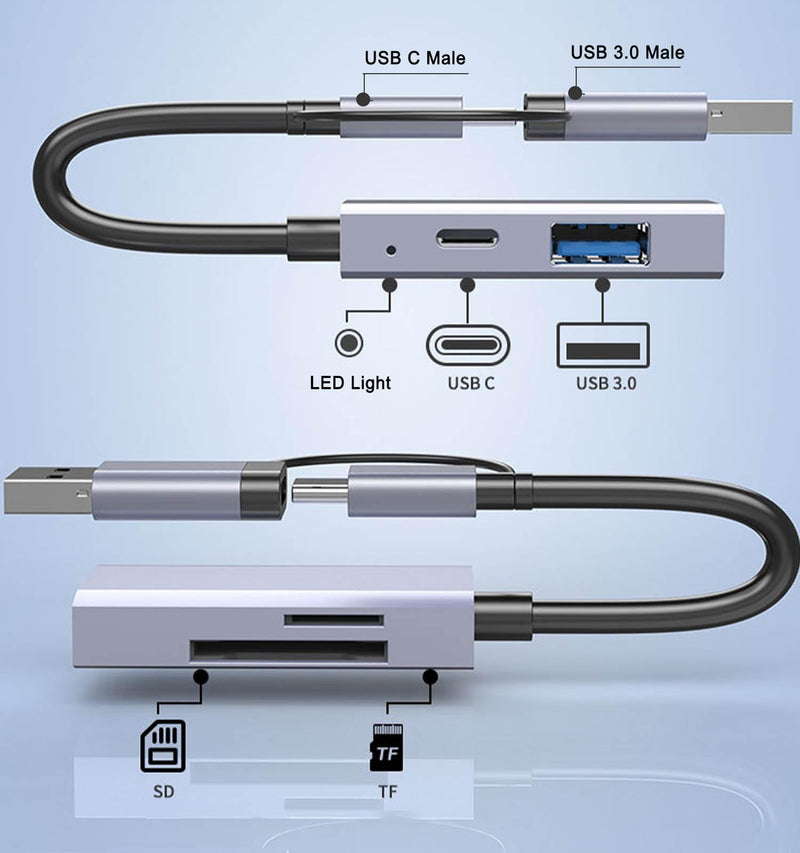 USB C USB 3.0 SD Card Reader, TIEDXIOY Aluminum 4 in 1 USB A&C Hub with Memory SD/TF Card Reader, 1*USB 3.0, 1*USB C Data Port Compatible for PC, Laptops, MacBook Pro/Air, iMac Pro,Surface and More