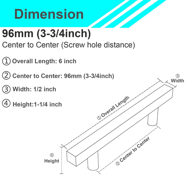 Modket Euro Bar Cabinet Handle Pull 304 Stainless Steel — 6" Overall Length, 3-3/4" (96mm) Hole Centers, Brushed Nickel— 10-Packs 6" Length (3-3/4" [96mm] Hole Center)