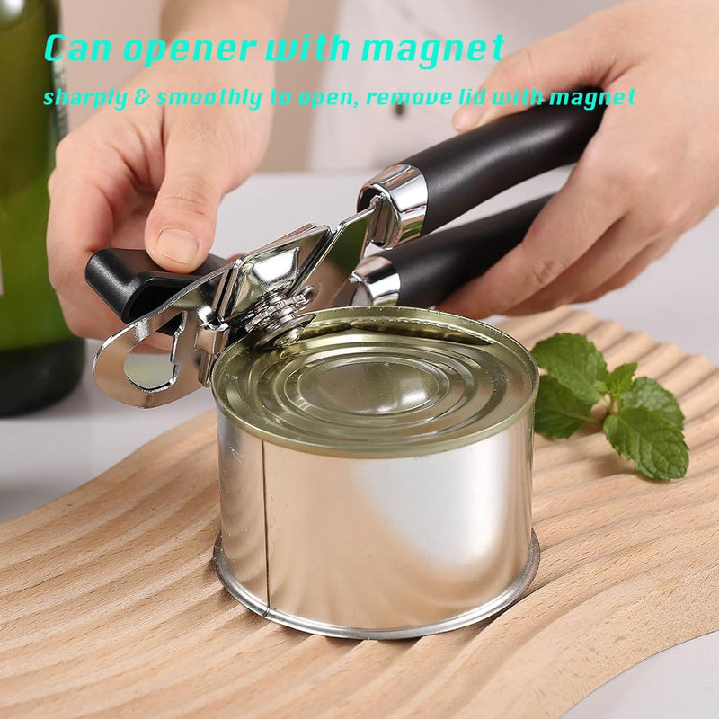 2025 Upgrade 3-in-1 Manual Can Opener with Bottle Opener & Milk Powder Opener, Effortless Operation, Soft Grip Handles, Easy to Turn, Heavy Duty Can Openers for Seniors - Remove Lid with Magnet, Black